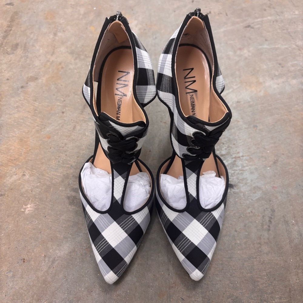 Neiman Marcus Black and White Plaid Heels